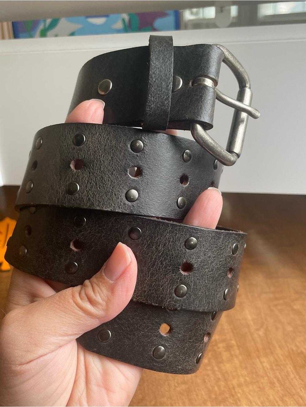 Vintage Black Genuine Leather Single Prong Studded Grommet Belt Punk Size M
